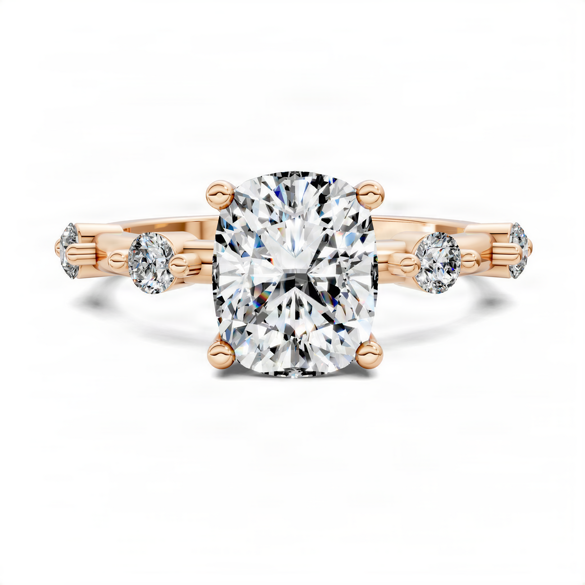 Rose gold round accent ring with large round center diamond and small side stones