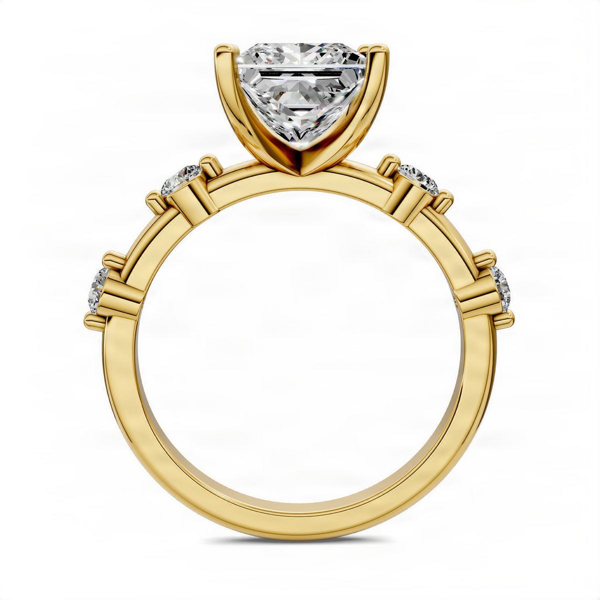 Yellow gold accent ring with square center stone and round side stones in prongs