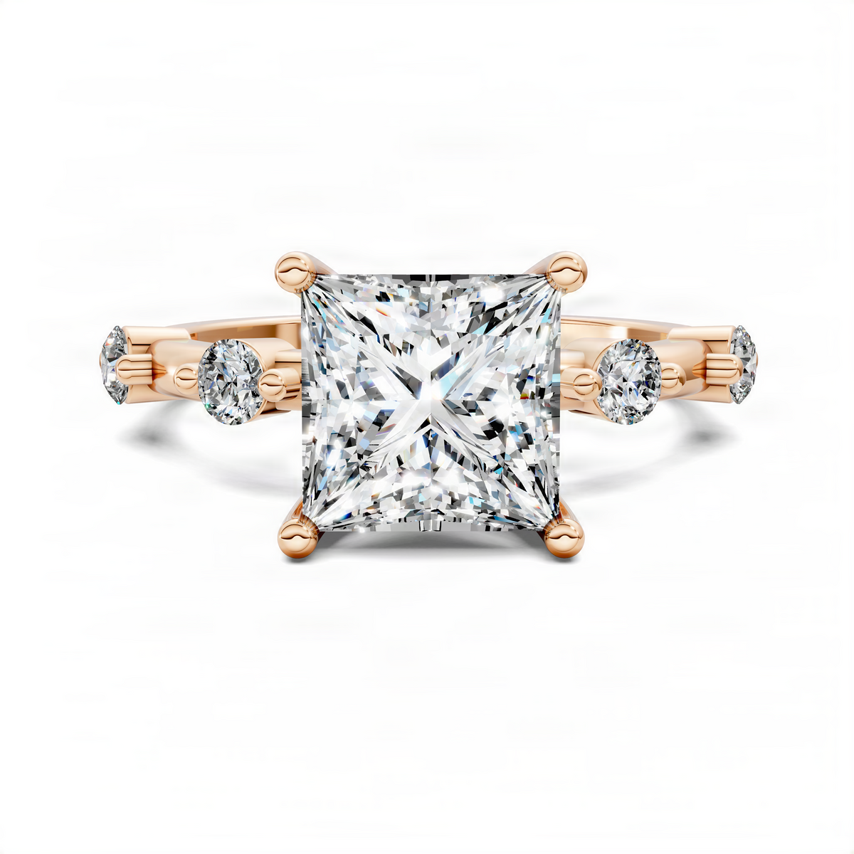 Rose gold solitaire-style ring with square center stone, round halo and side diamonds