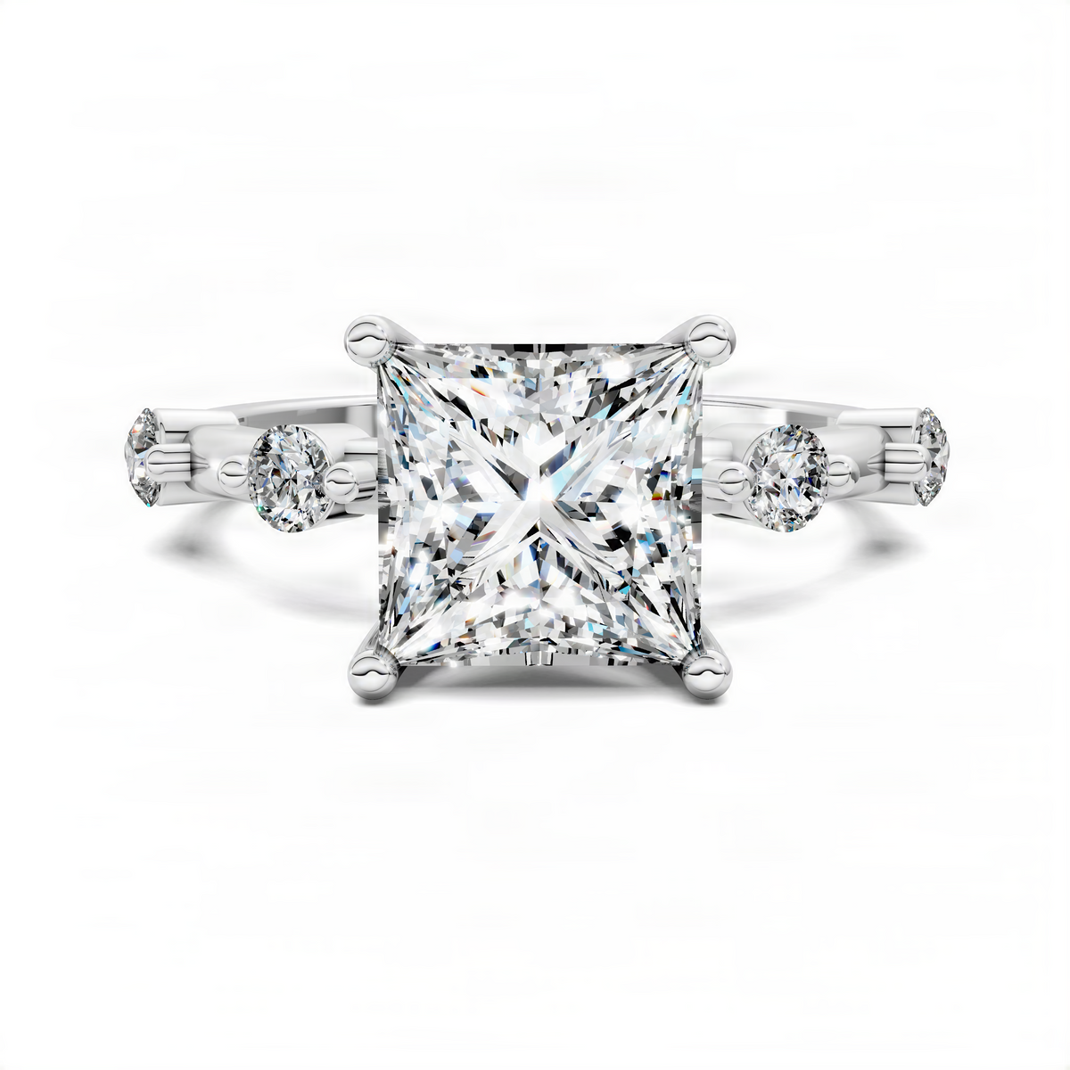 White gold round diamond engagement-style ring with prong-set center and side stones