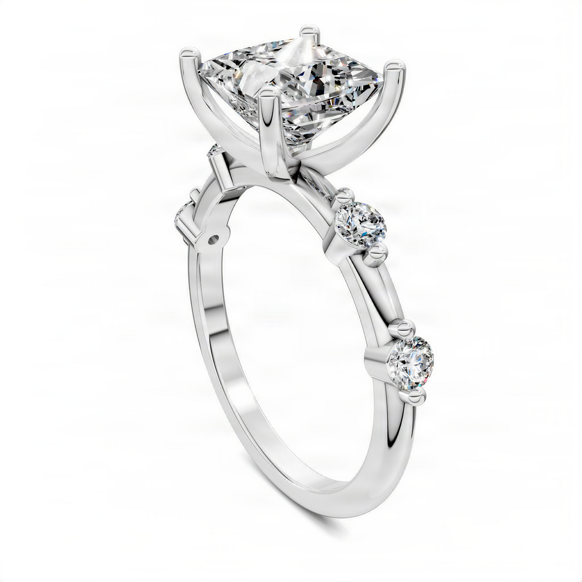 Silver-tone gold ring with princess-cut center diamond and round side diamond clusters