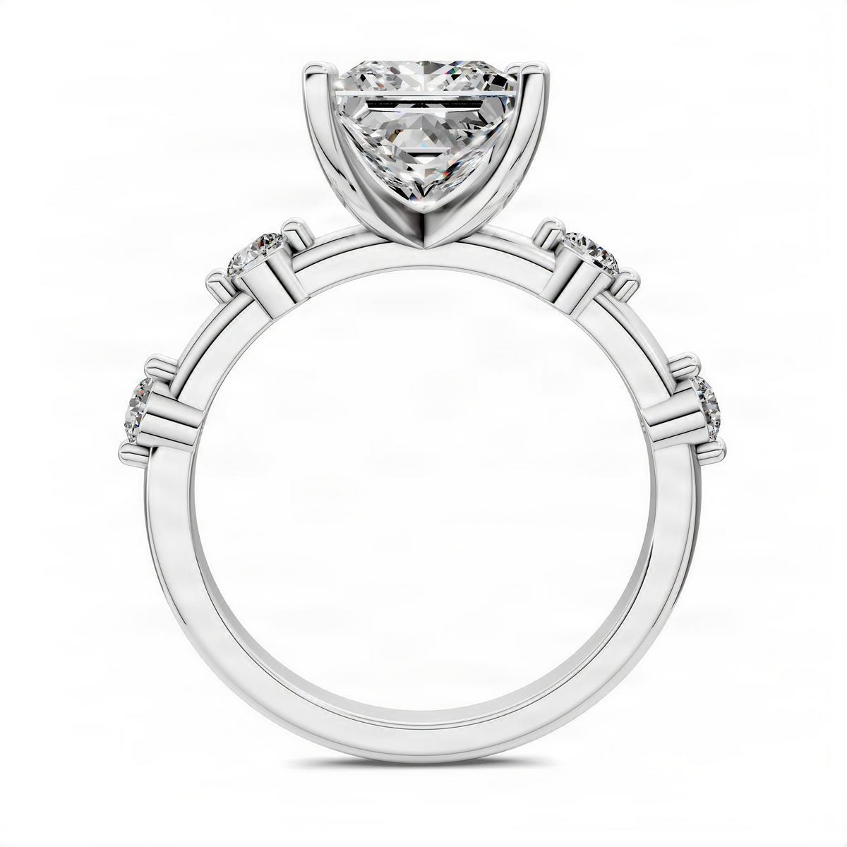 White gold diamond ring profile view with square prong head and gem-set band