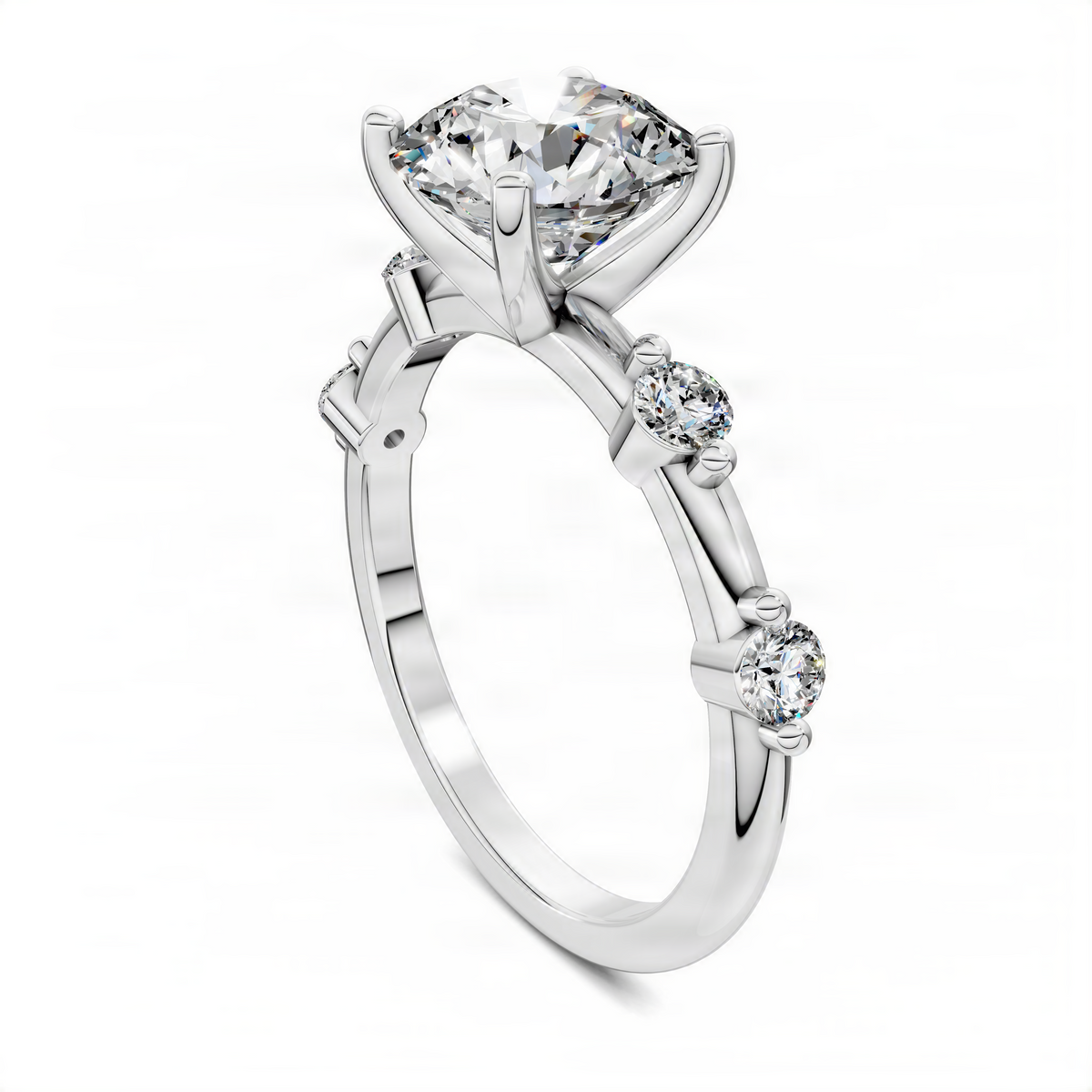 White gold round center-stone accent ring with prongs and small round side stones