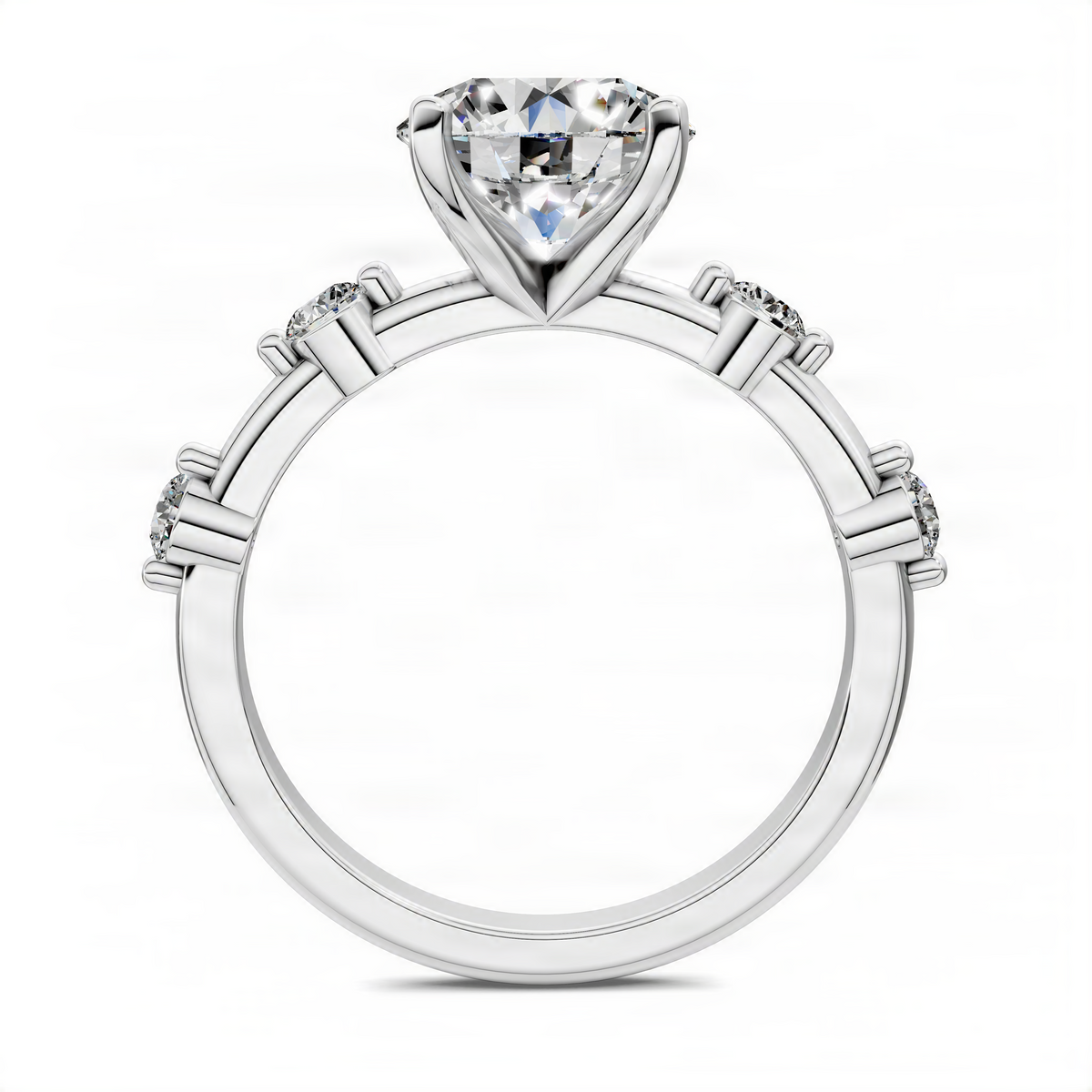 Round center-stone halo ring with pave side stones, white gold