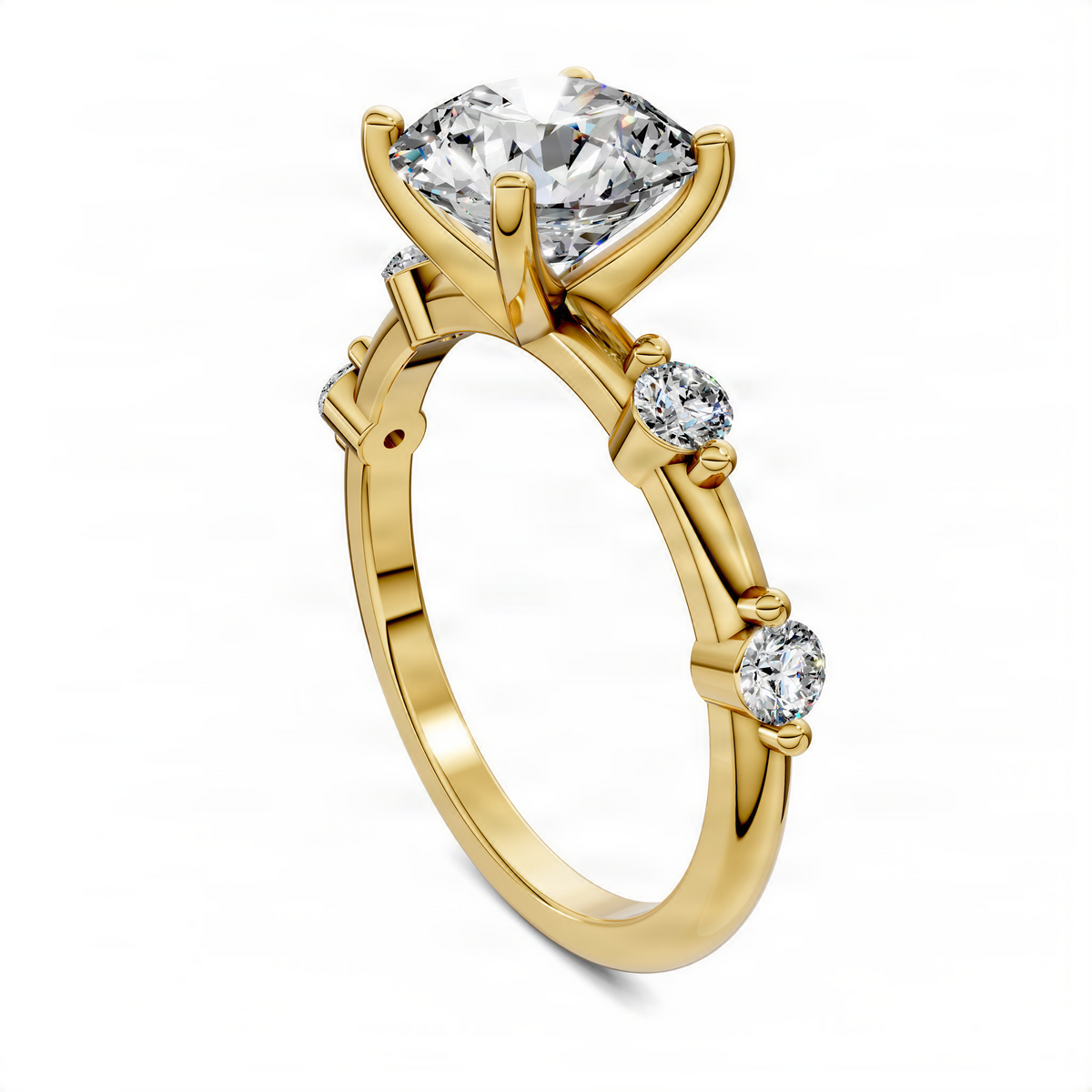 Rose gold round center-stone accent ring with prongs and small round side stones