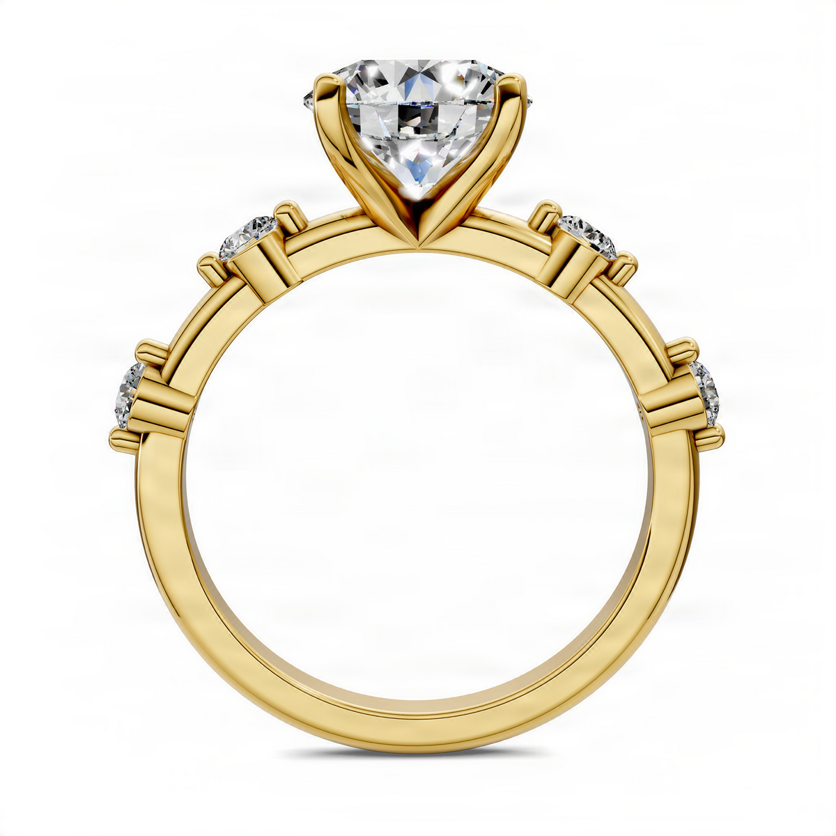 Yellow gold round center-stone accent ring with prongs and small round side stones