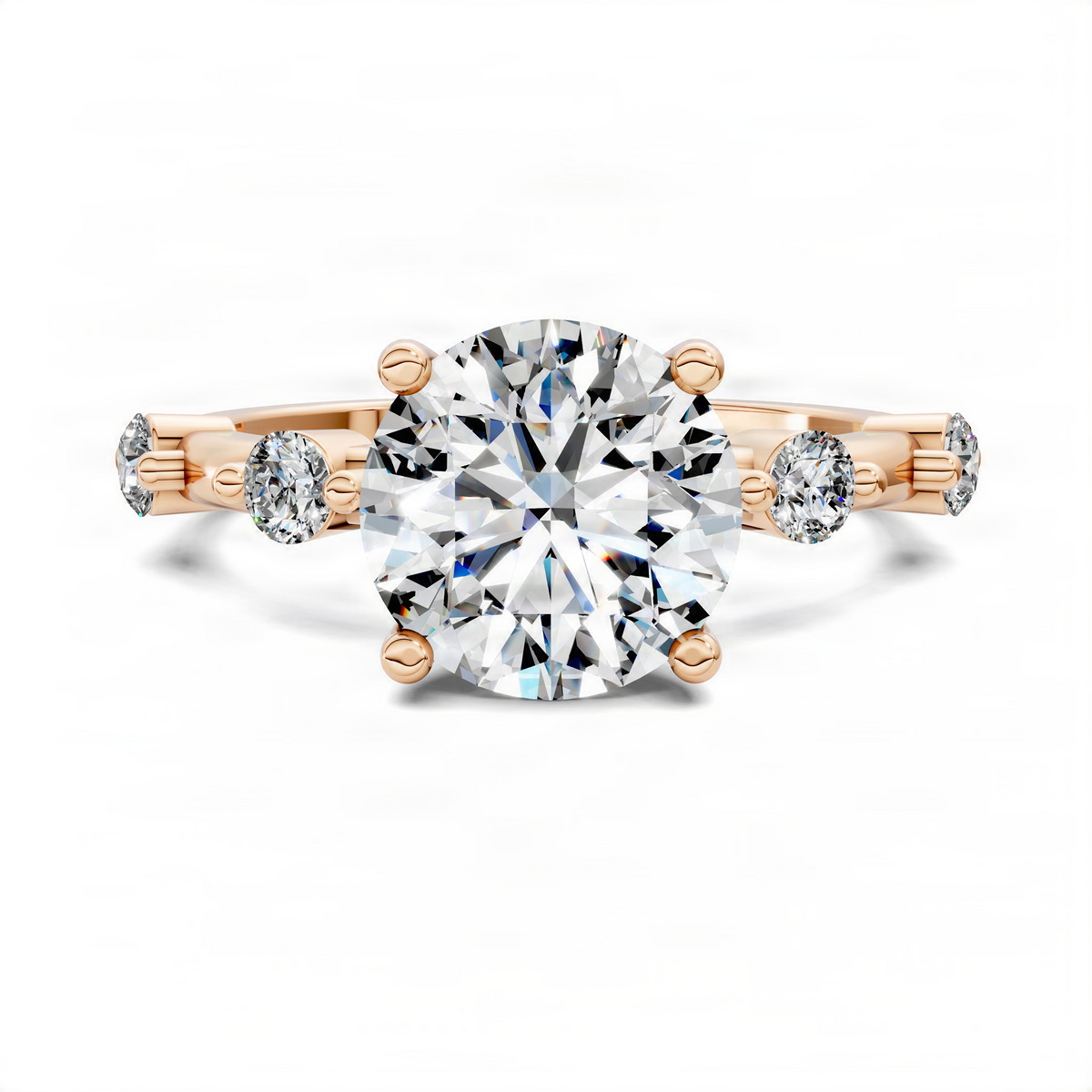 Rose gold round center-stone accent ring with prong-set small round side stones