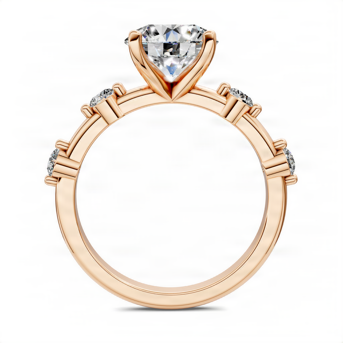 Round center-stone halo ring with pave side stones, rose gold