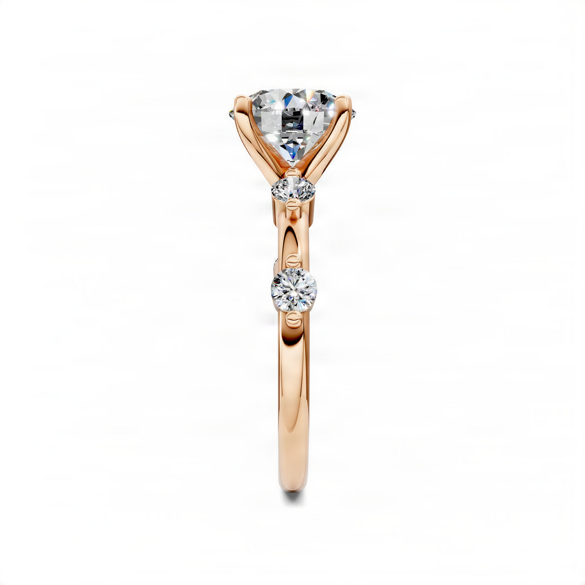 Rose gold vertical view accent ring with round center stone and two small round stones