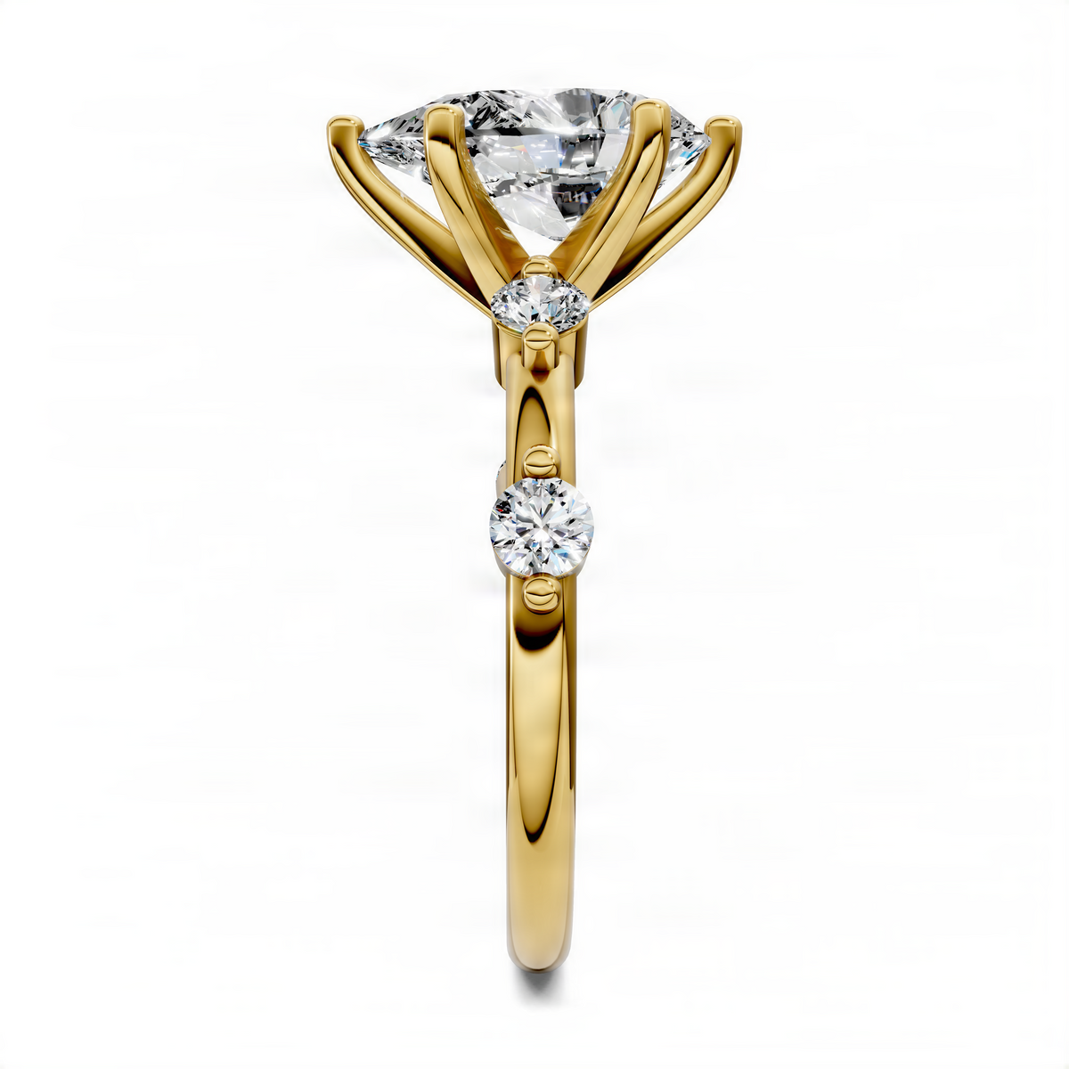 Yellow gold ring with elongated top setting and three round diamonds