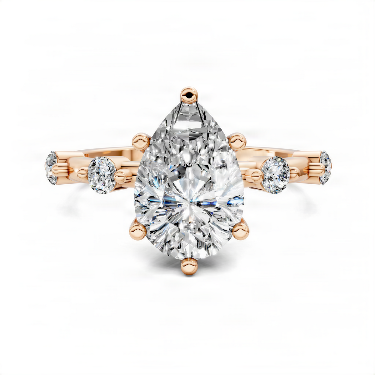 Rose gold ring with large round center diamond and two round side diamonds