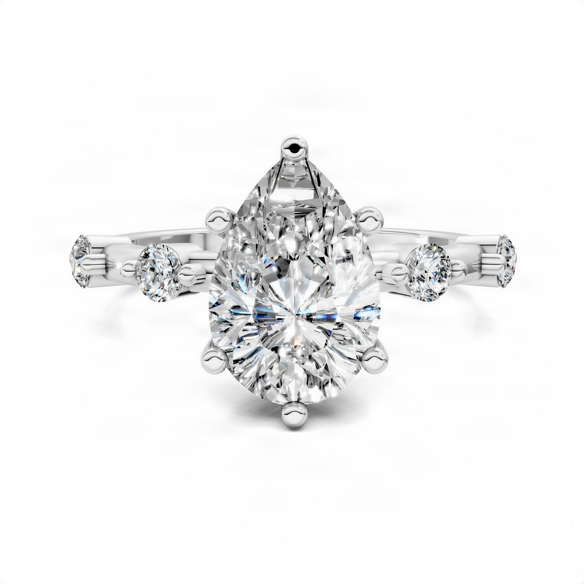White gold ring with large round center diamond and two round side diamonds