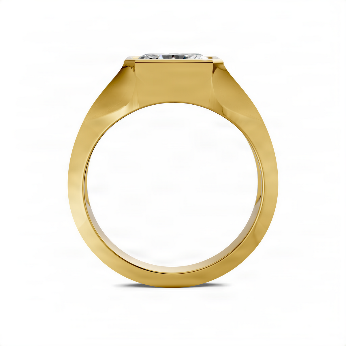 Yellow gold bezel ring with rectangular-cut gemstone in octagonal setting