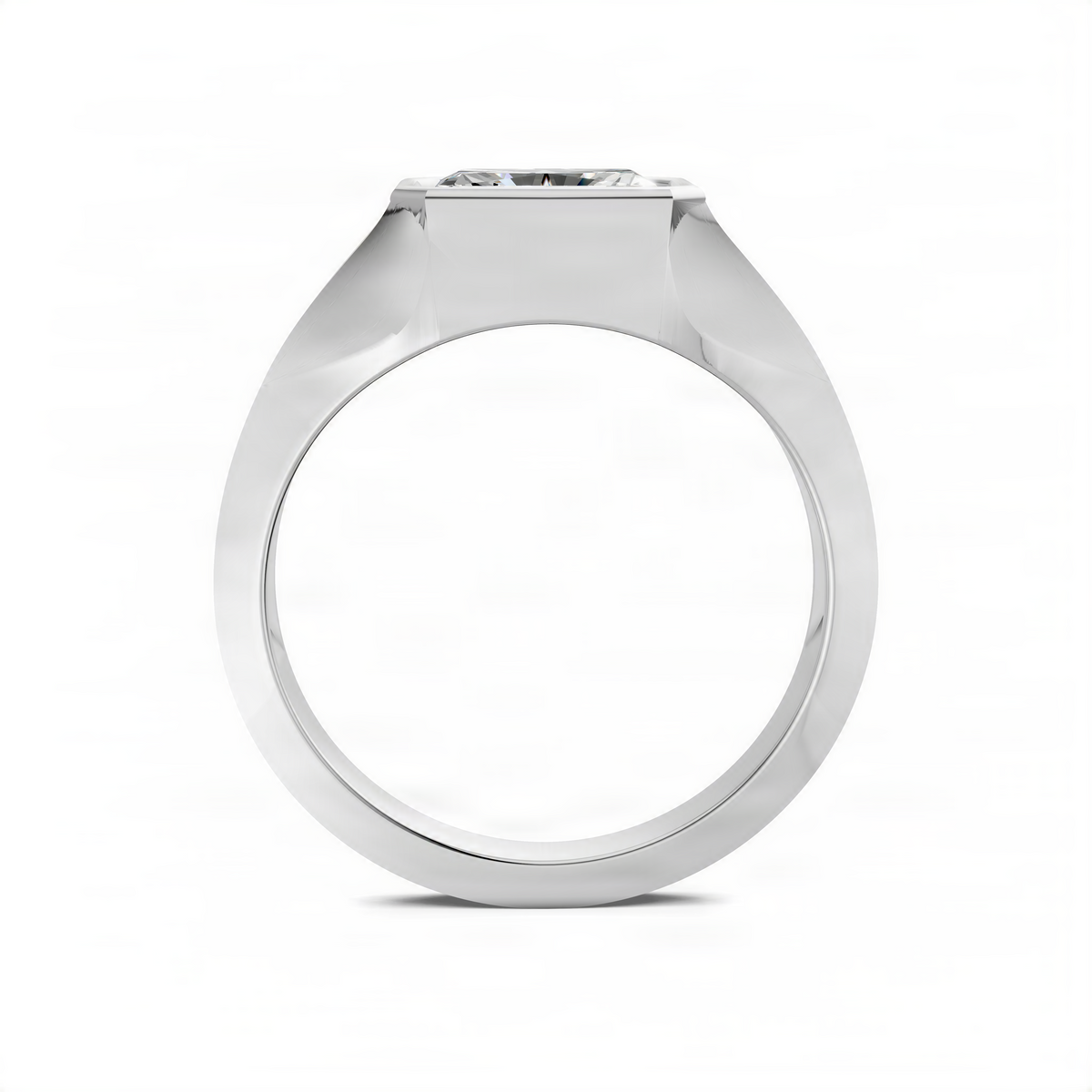 White gold bezel ring with rectangular-cut gemstone in octagonal setting