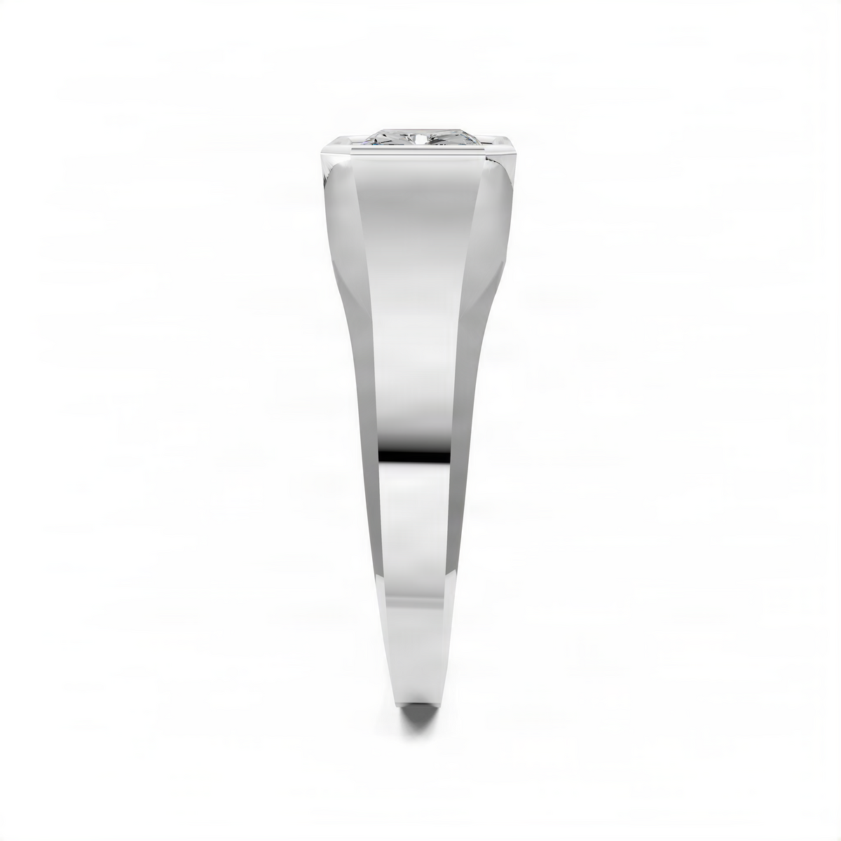 White gold bezel ring with rectangular-cut gemstone, vertical side view