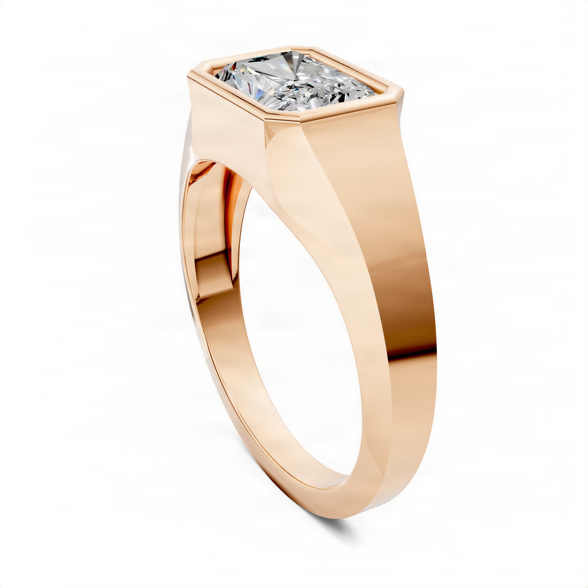 Rose gold bezel ring with rectangular-cut gemstone, side view