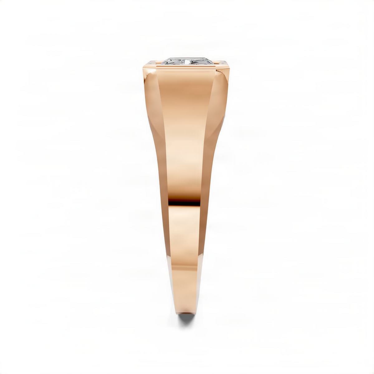 Rose gold bezel ring with rectangular-cut gemstone, underside view