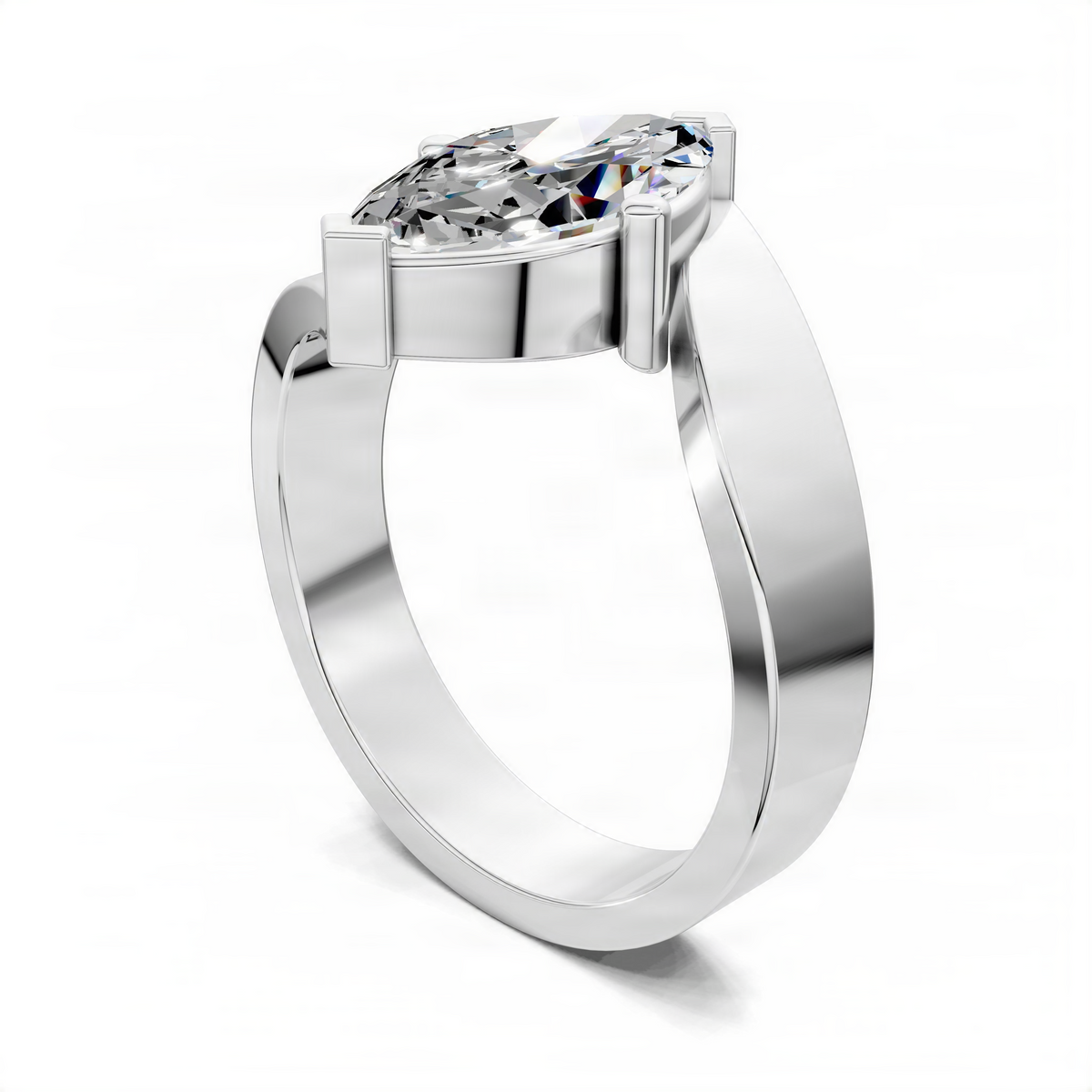White gold engagement ring with prong-set center diamond, angled side view