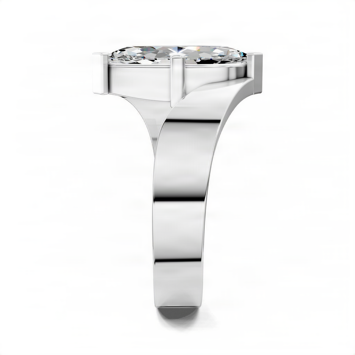 Opes engagement ring with clear round center stone and polished silver band, open shoulders