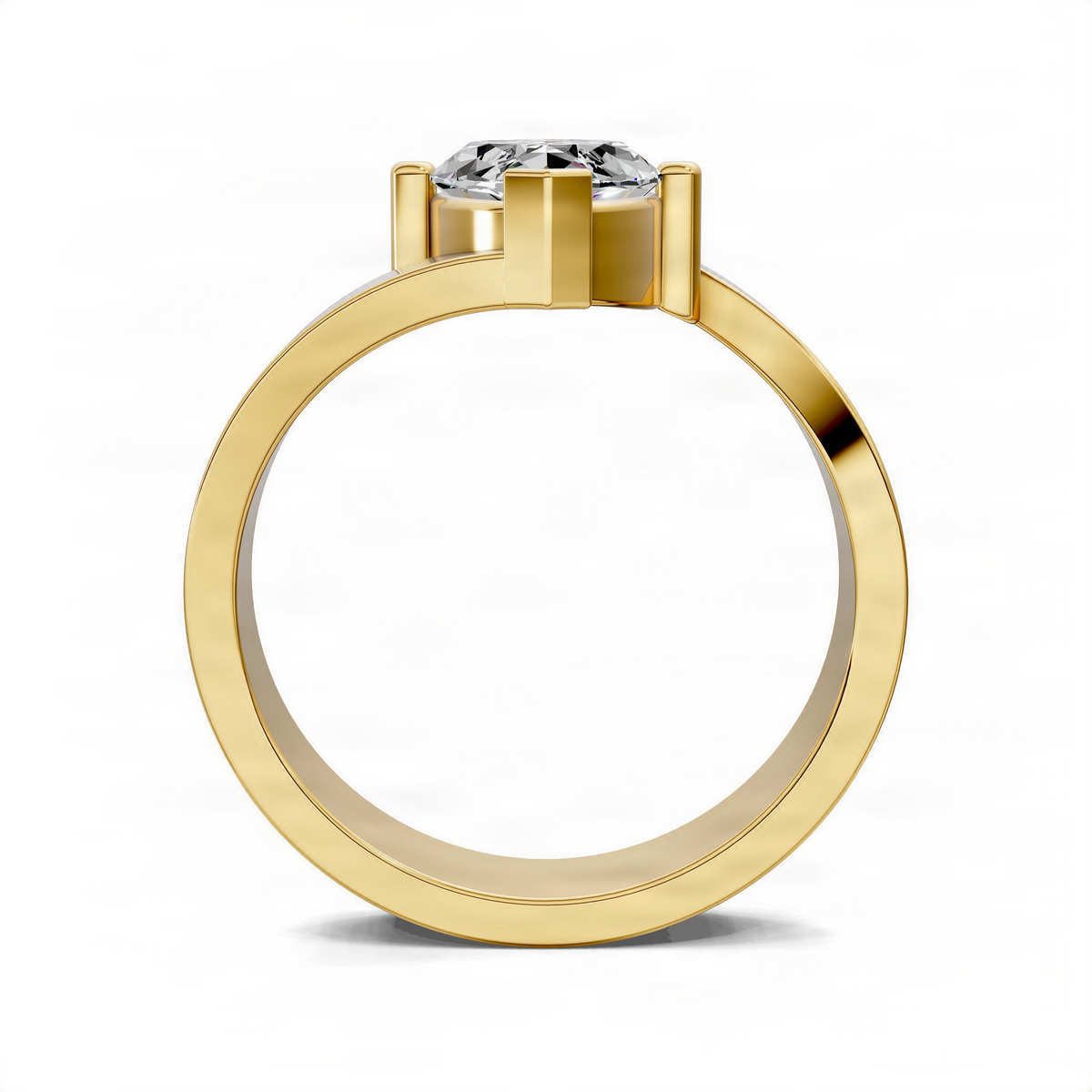 Yellow gold engagement ring top view with oval diamond in four-prong setting