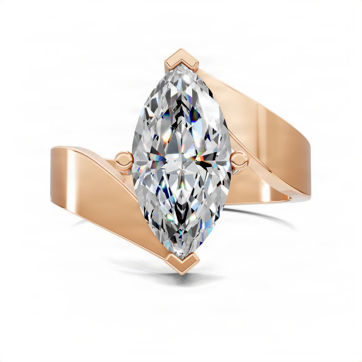 Rose gold engagement ring with oval diamond center and curved split shoulders