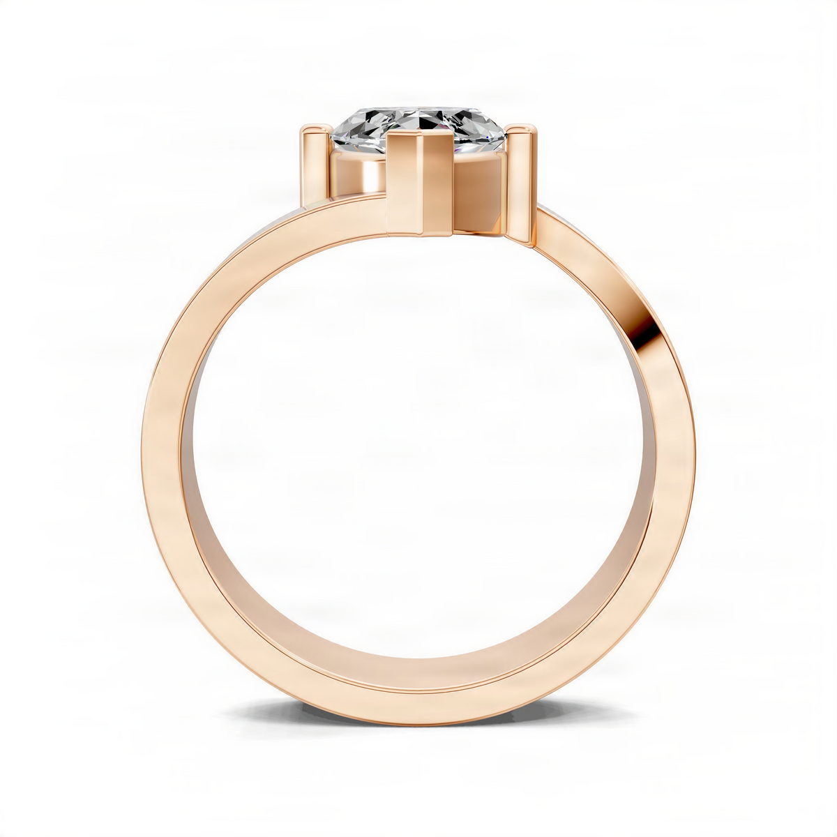 Rose gold engagement ring top view with oval diamond and four-prong bezel setting
