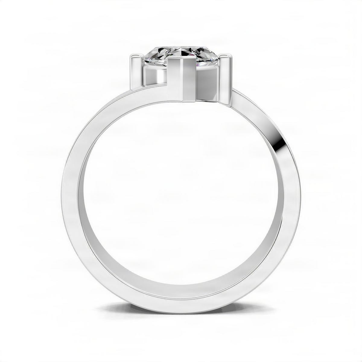 White gold engagement ring top view with oval diamond and four-prong setting