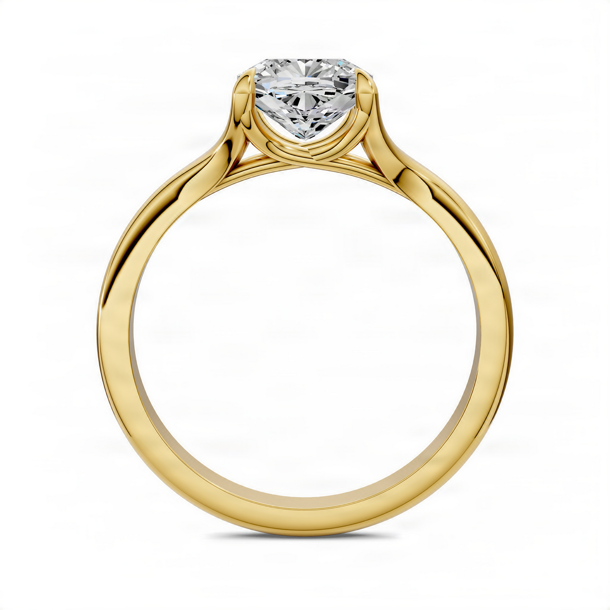 Yellow gold split shank solitaire ring with round diamond-style center stone