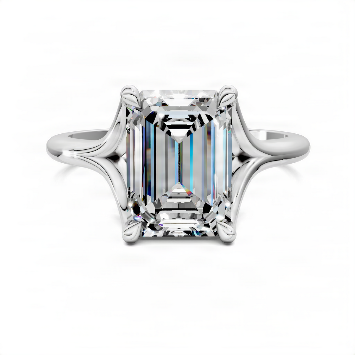 White gold split-shank solitaire ring with rectangular emerald-cut center stone