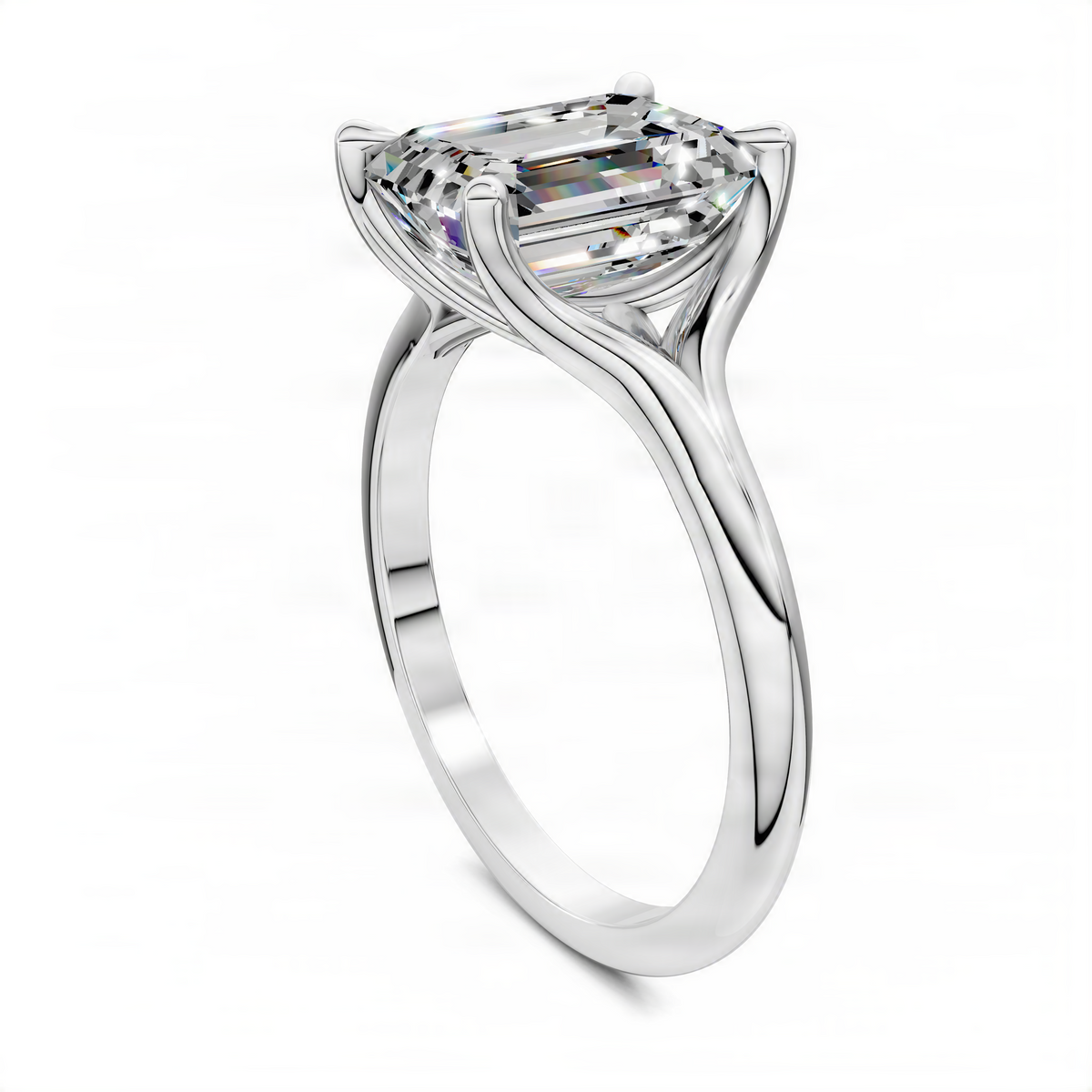 White gold split-shank solitaire ring with emerald-cut center stone, angled side