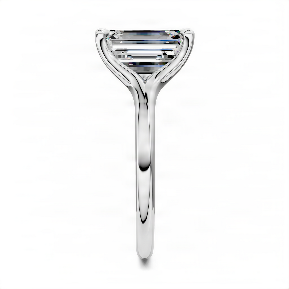 White gold split-shank solitaire ring with emerald-cut center stone, top view