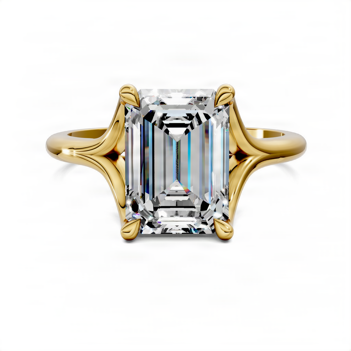 Yellow gold split-shank solitaire ring with rectangular emerald-cut center stone