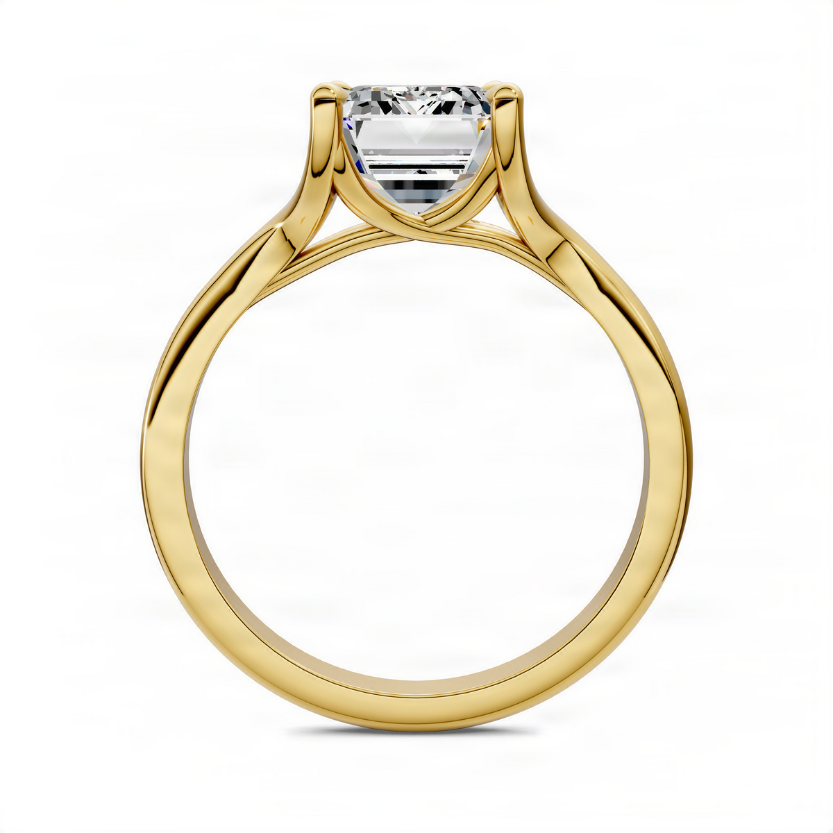 Yellow gold split-shank solitaire ring with emerald-cut center stone, side profile