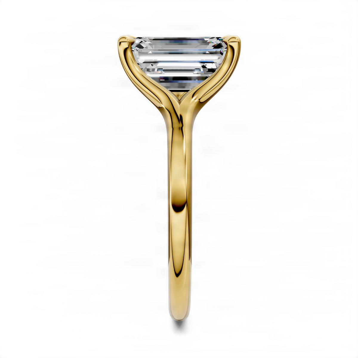 Yellow gold split-shank solitaire ring with emerald-cut center stone, top view