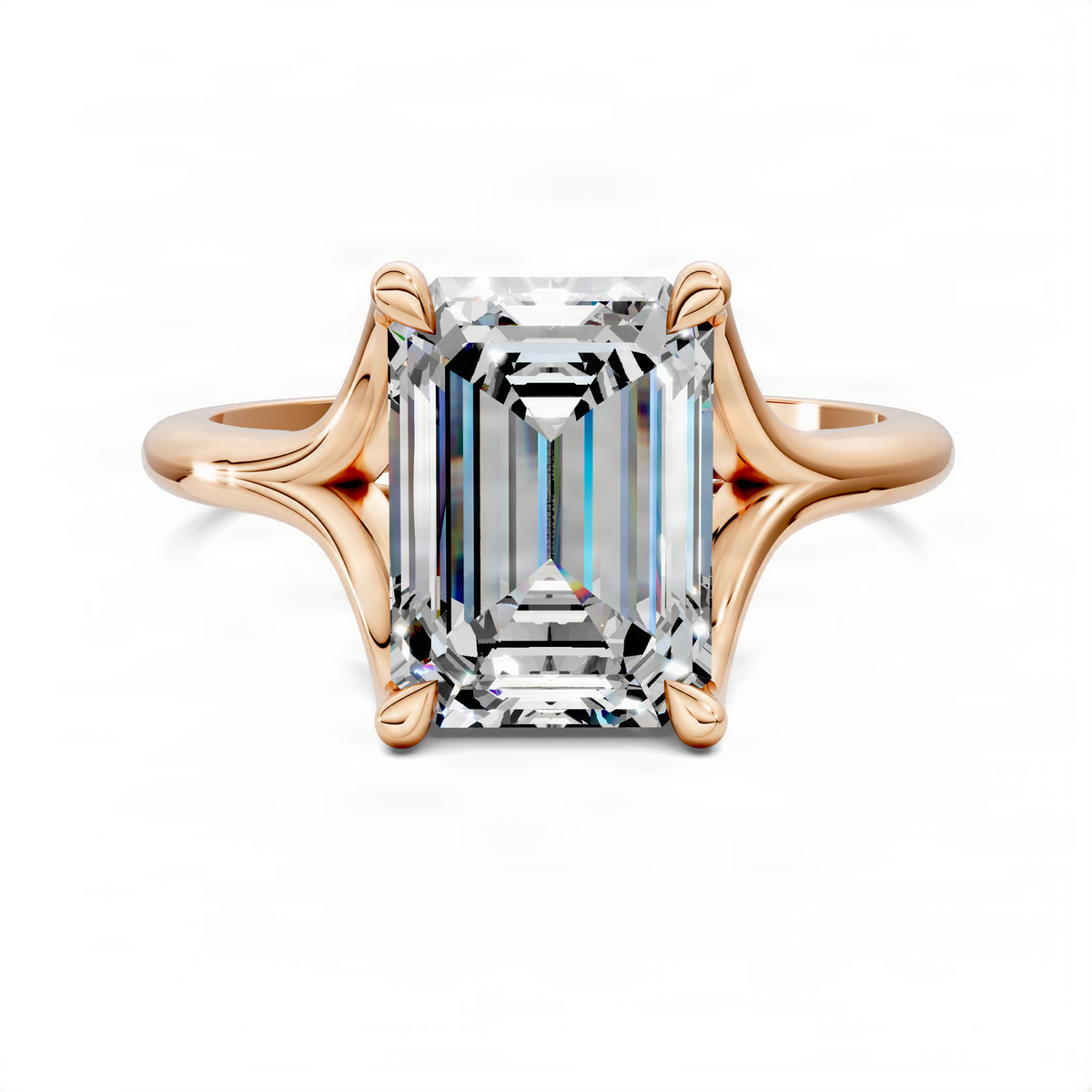 Rose gold split-shank solitaire ring with rectangular emerald-cut center stone