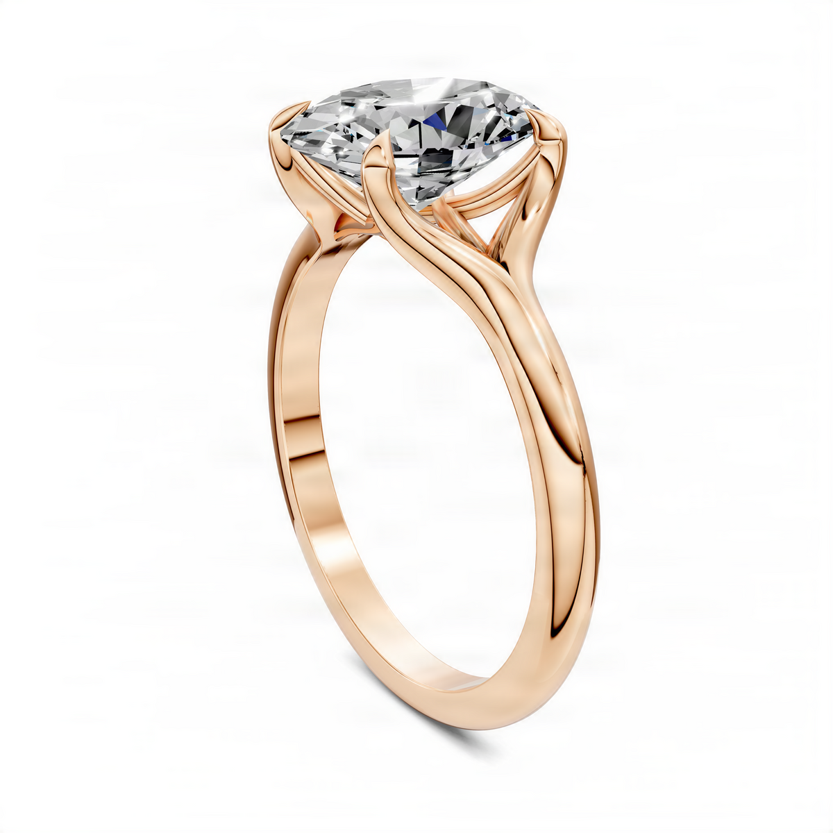 Rose gold solitaire ring with round diamond, angled view