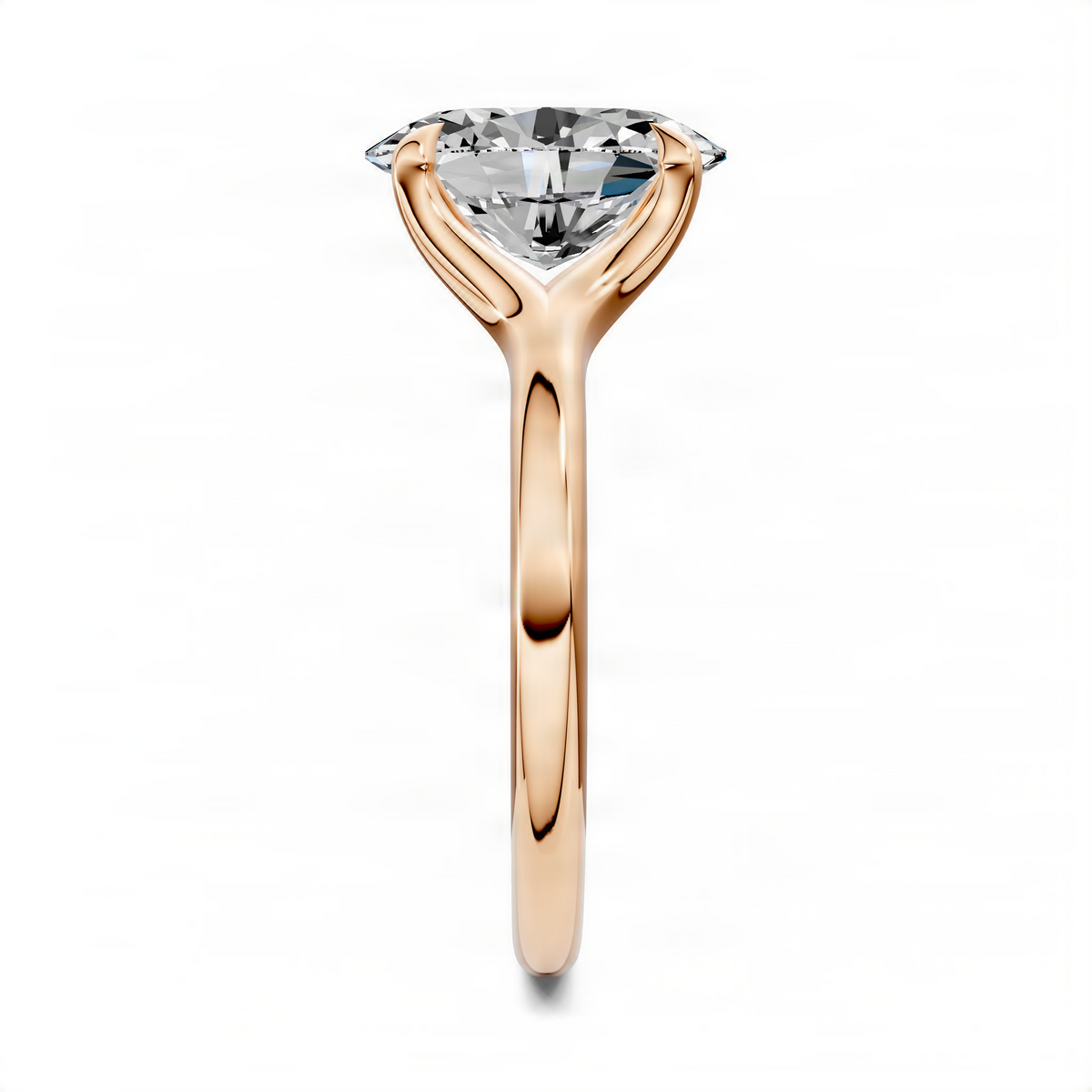 Rose gold solitaire ring with round diamond, side view
