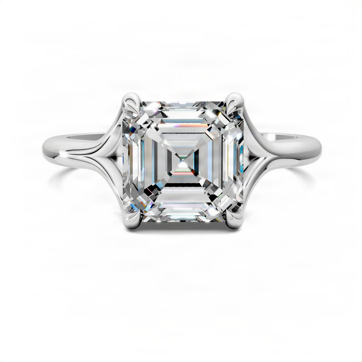 White gold split shank solitaire ring with square-cut center stone, front view.