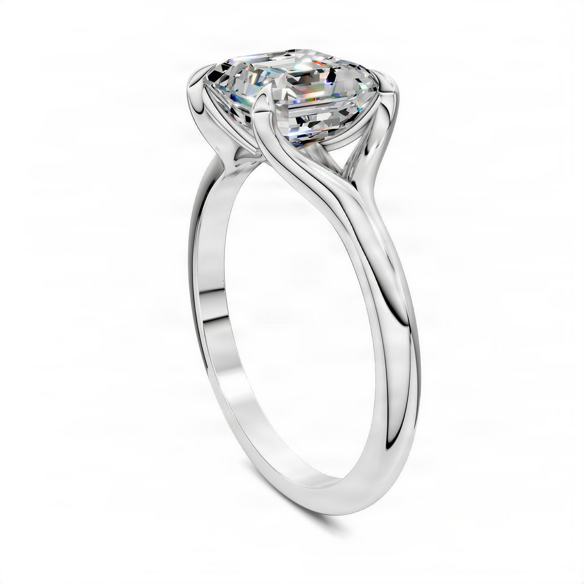 White gold split shank solitaire ring with square-cut center stone, angled view.
