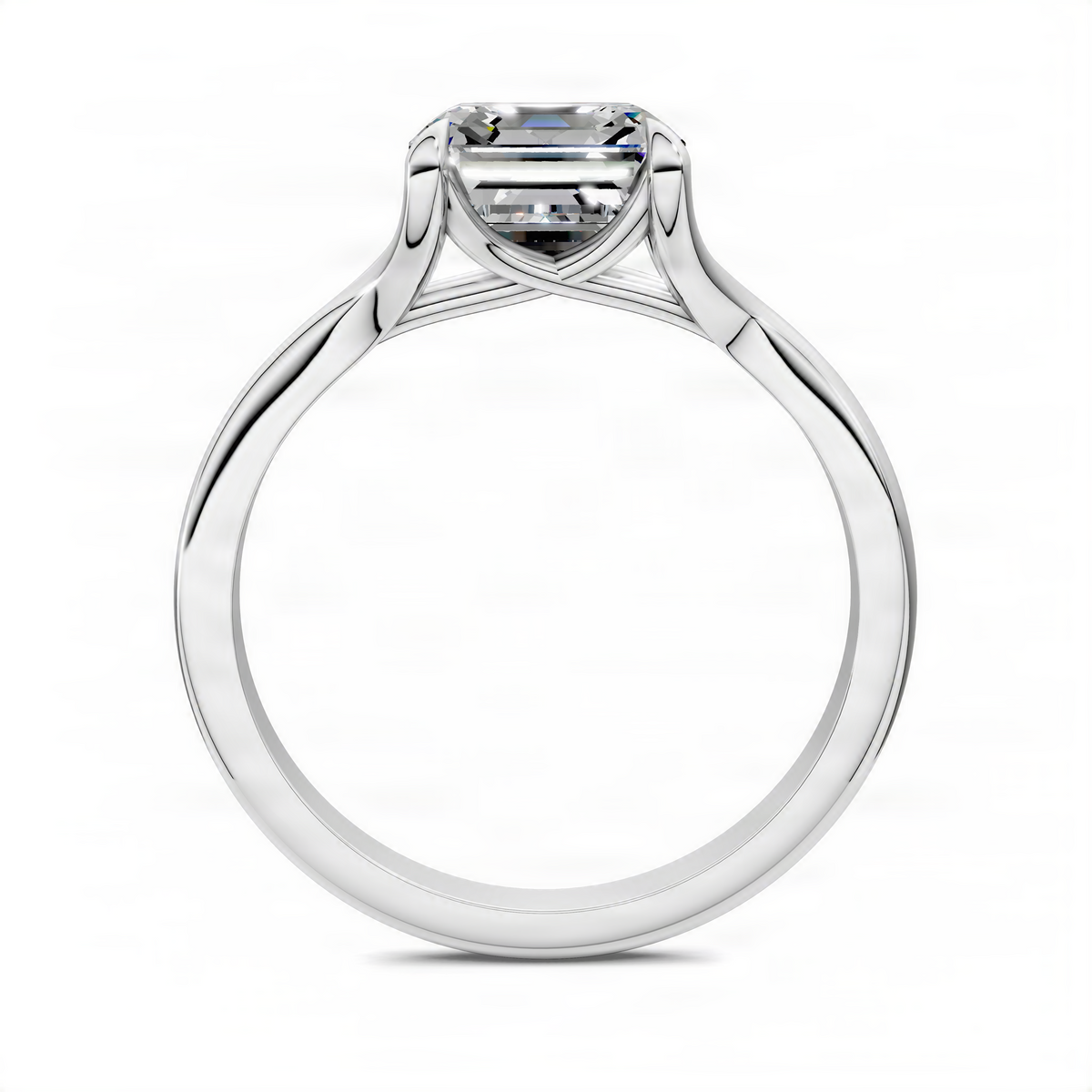 White gold split shank solitaire ring with square-cut center stone, straight-on view.