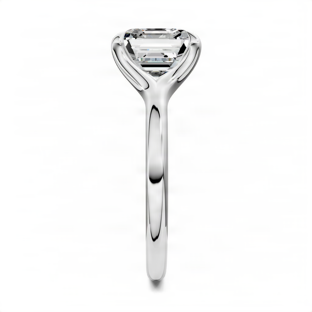 White gold split shank solitaire ring with square-cut stone, tapered prong setting.