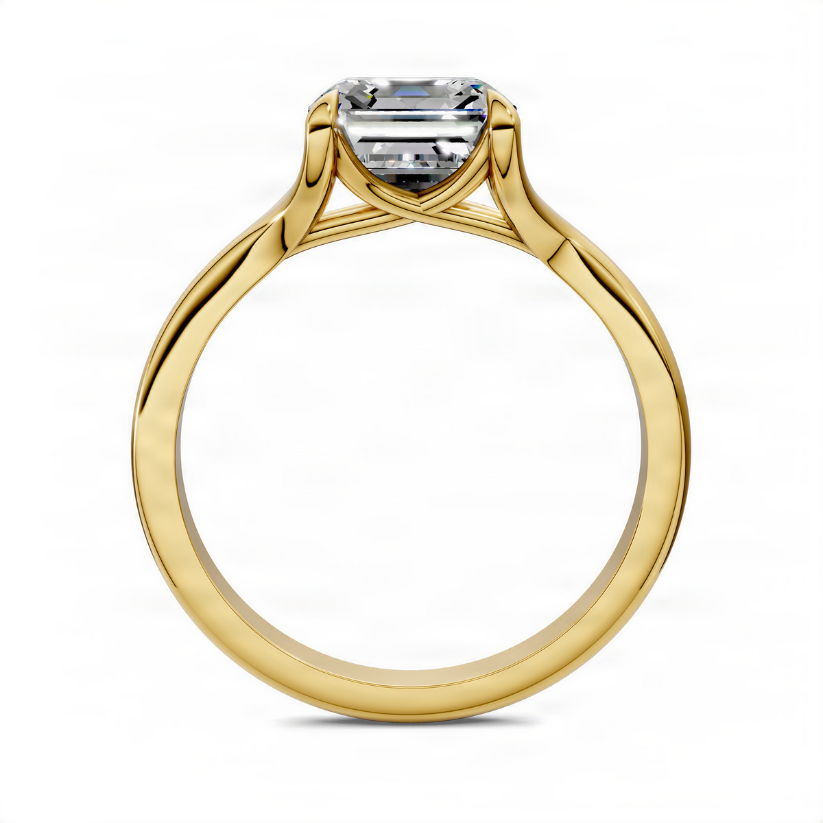 Yellow gold split shank solitaire ring with square-cut center stone, top view.