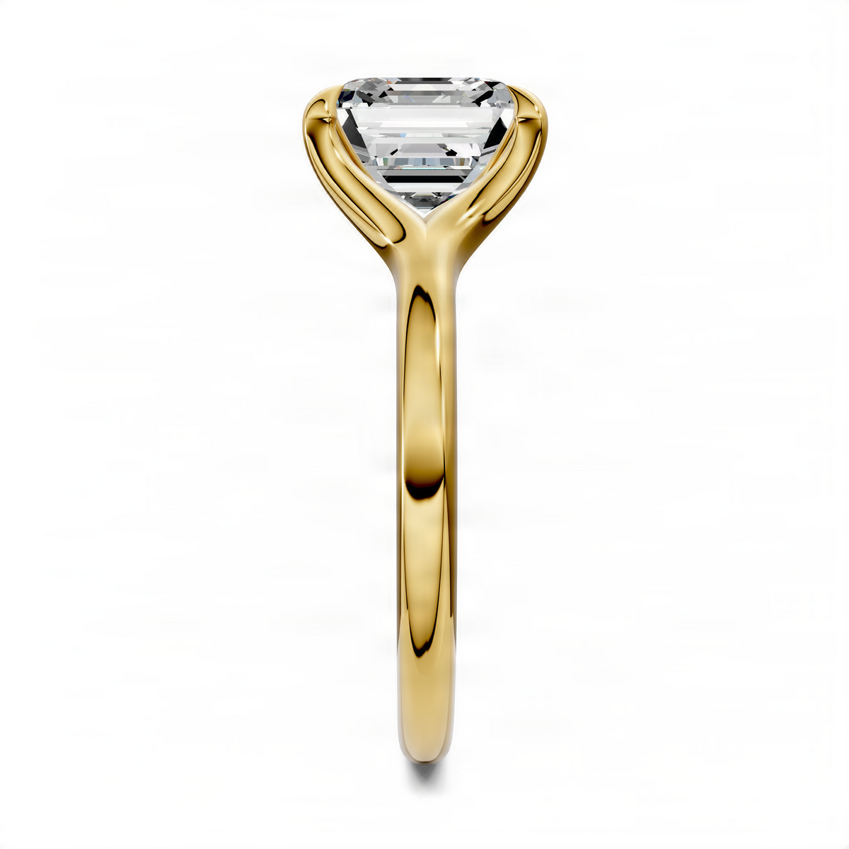 Yellow gold split shank solitaire ring with square-cut center stone, side profile.
