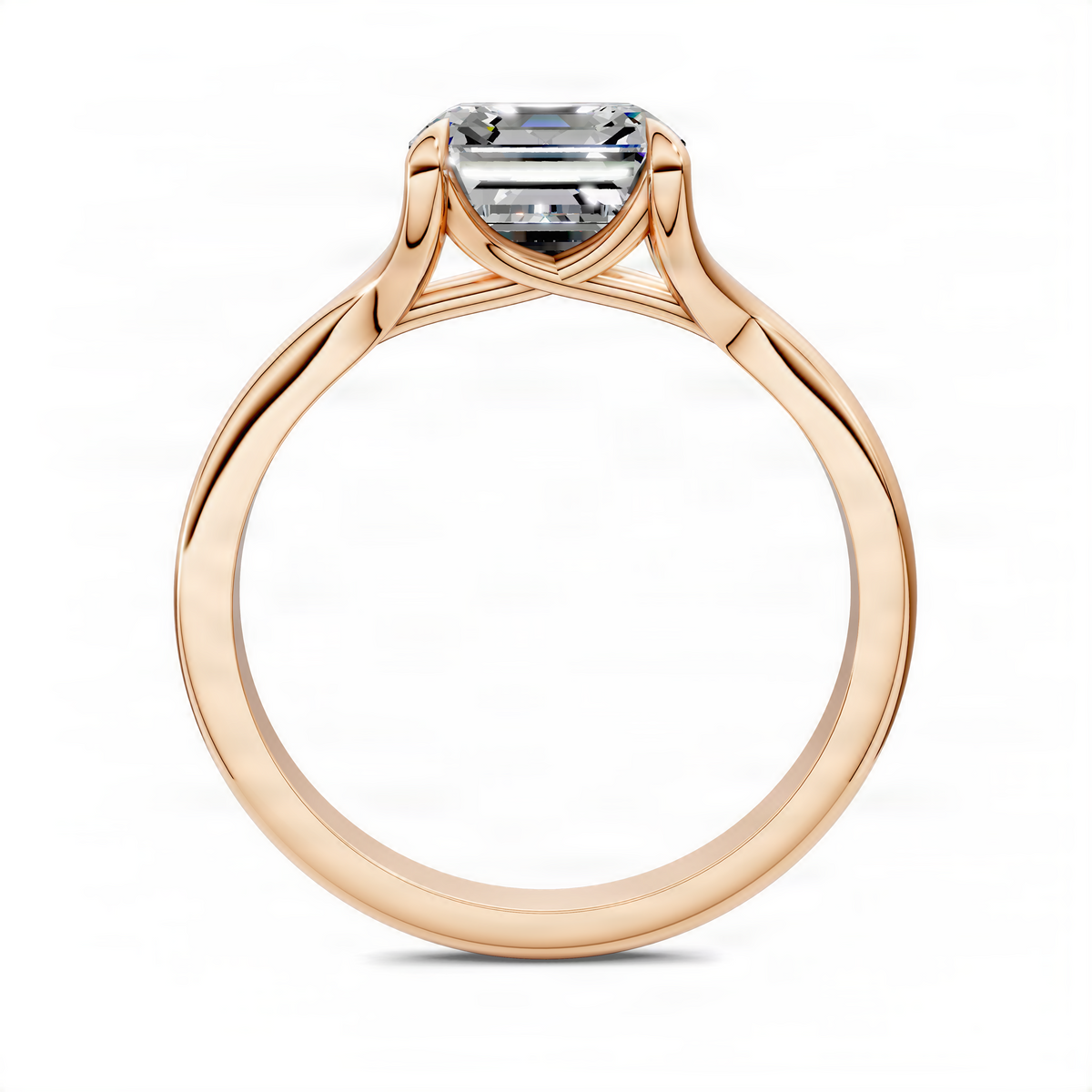 Rose gold split shank solitaire ring with prong-set square center stone, side view.