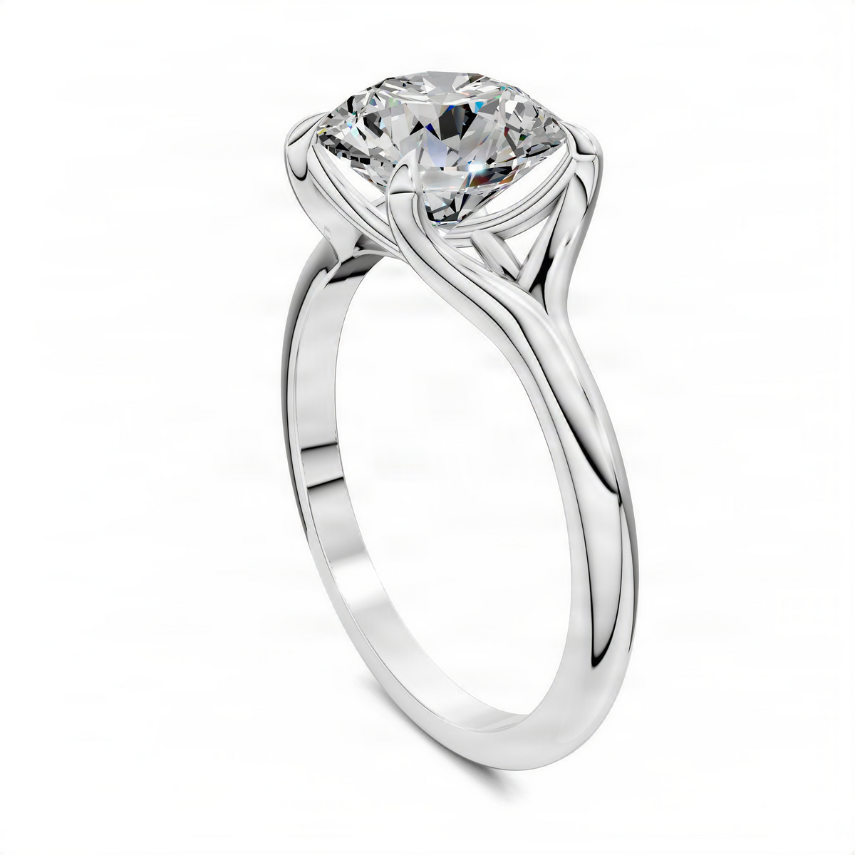 White gold solitaire ring with round center stone and twisted split-shank design