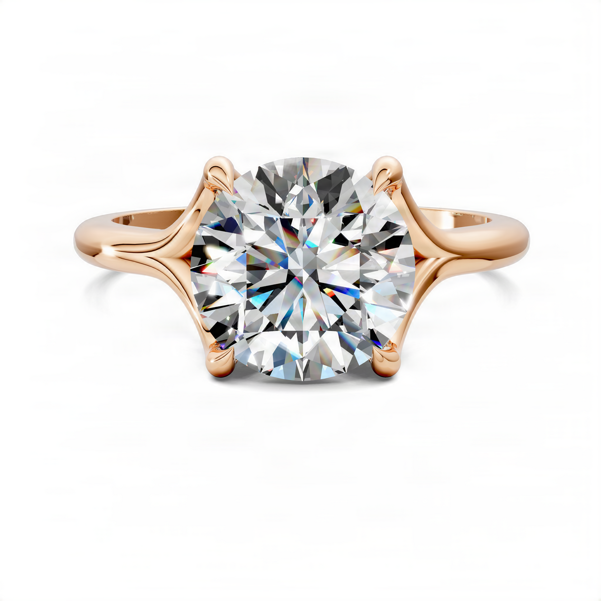 Rose gold split-shank solitaire ring with round diamond center and split shoulders