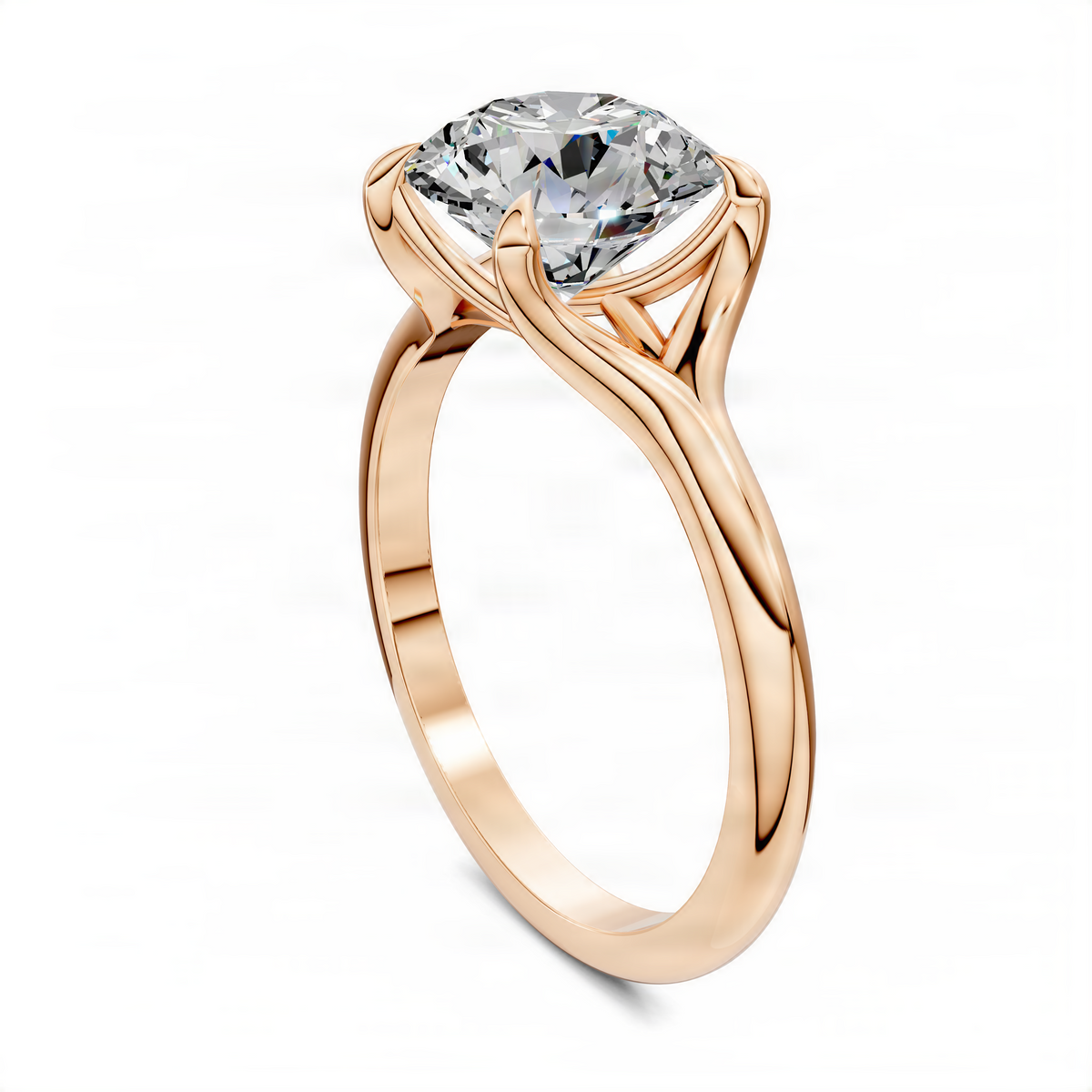Rose gold solitaire ring with round center stone and twisted split-shank shoulders