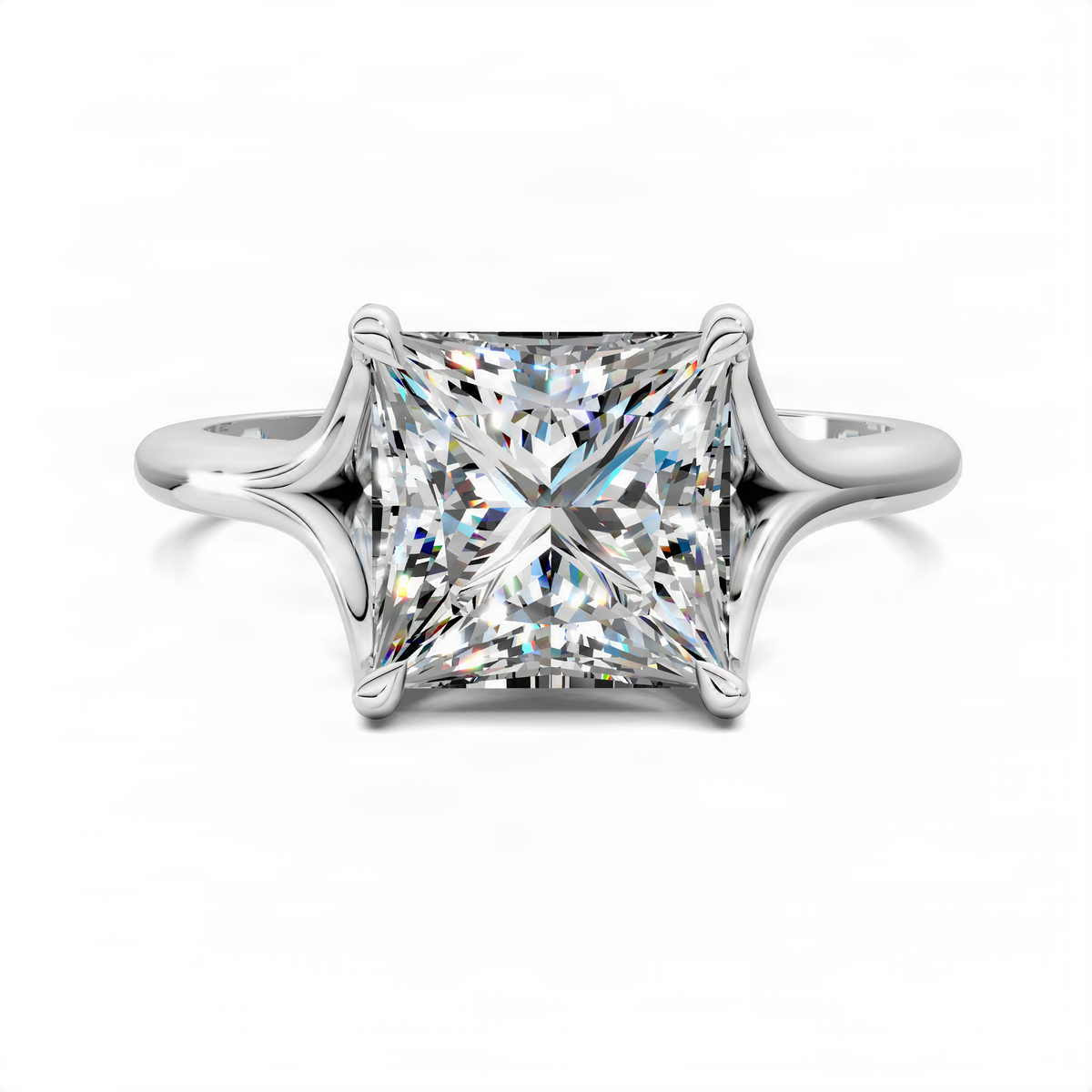 White gold split shank solitaire ring with square-cut clear center stone and four prongs