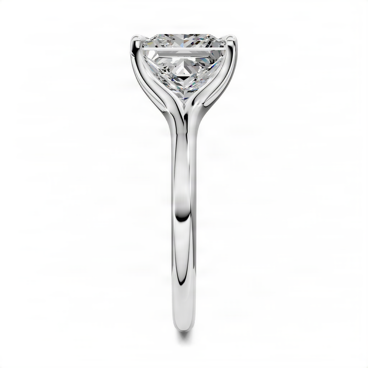 White gold split shank solitaire ring with square-cut clear center stone, angled side view
