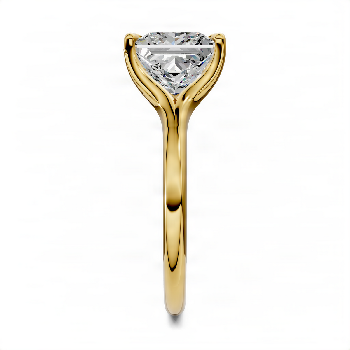 Yellow gold split shank solitaire ring with square-cut clear center stone, angled side view